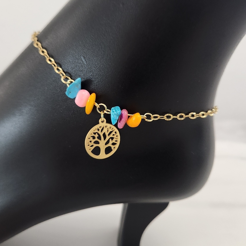 Gold Tree of Life Anklet Multicolor Beaded Ankle Bracelet 18K Summer Jewelry - Picture 5 of 13
